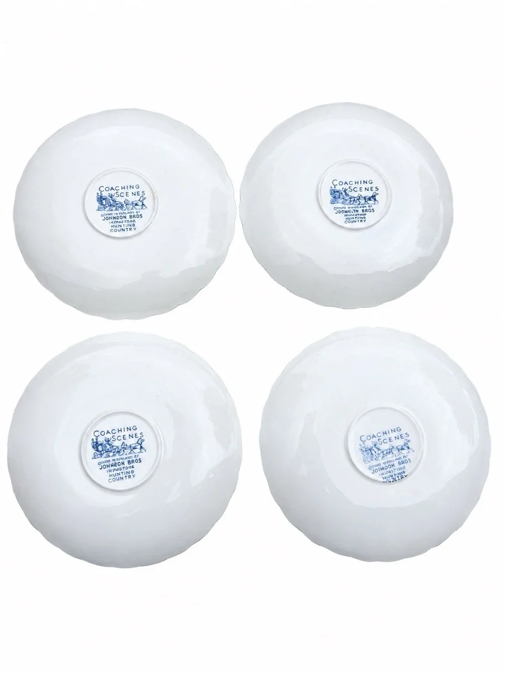 Johnson Bros Coaching Scenes Blue & White Scalloped Plates Set of 4 Vintage